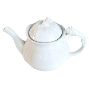 Ceramic Teapot I Godinger Sculptured Rose Leaves Handle Lid Ivory White Color